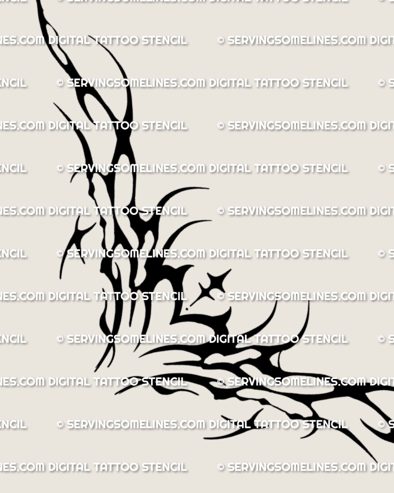 Abstract flame heart chest tattoo stencil design displayed as a full layout with a solid black heart and sharp flowing sides.