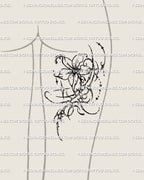 Abstract flower tattoo stencil shown on back of thigh mockup, cyber sigil floral design in digital download format.