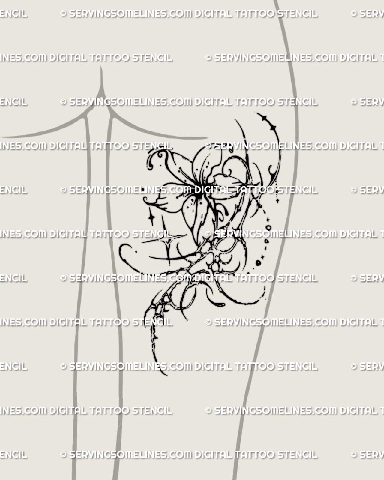 Abstract flower tattoo stencil shown on back of thigh mockup, cyber sigil floral design in digital download format.