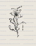 Digital stencil of liquid-style flower tattoo design shown close-up, highlighting wavy linework and abstract floral structure. 