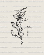 Digital stencil of liquid-style flower tattoo design shown close-up, highlighting wavy linework and abstract floral structure. 