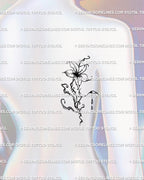 Abstract flower tattoo stencil shown on upper back near shoulder placement, liquid-style floral linework in black digital form.