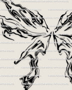 detailed abstract linework tattoo stencil featuring fluid marble wings and flowing symmetrical shapes in cybercore style 