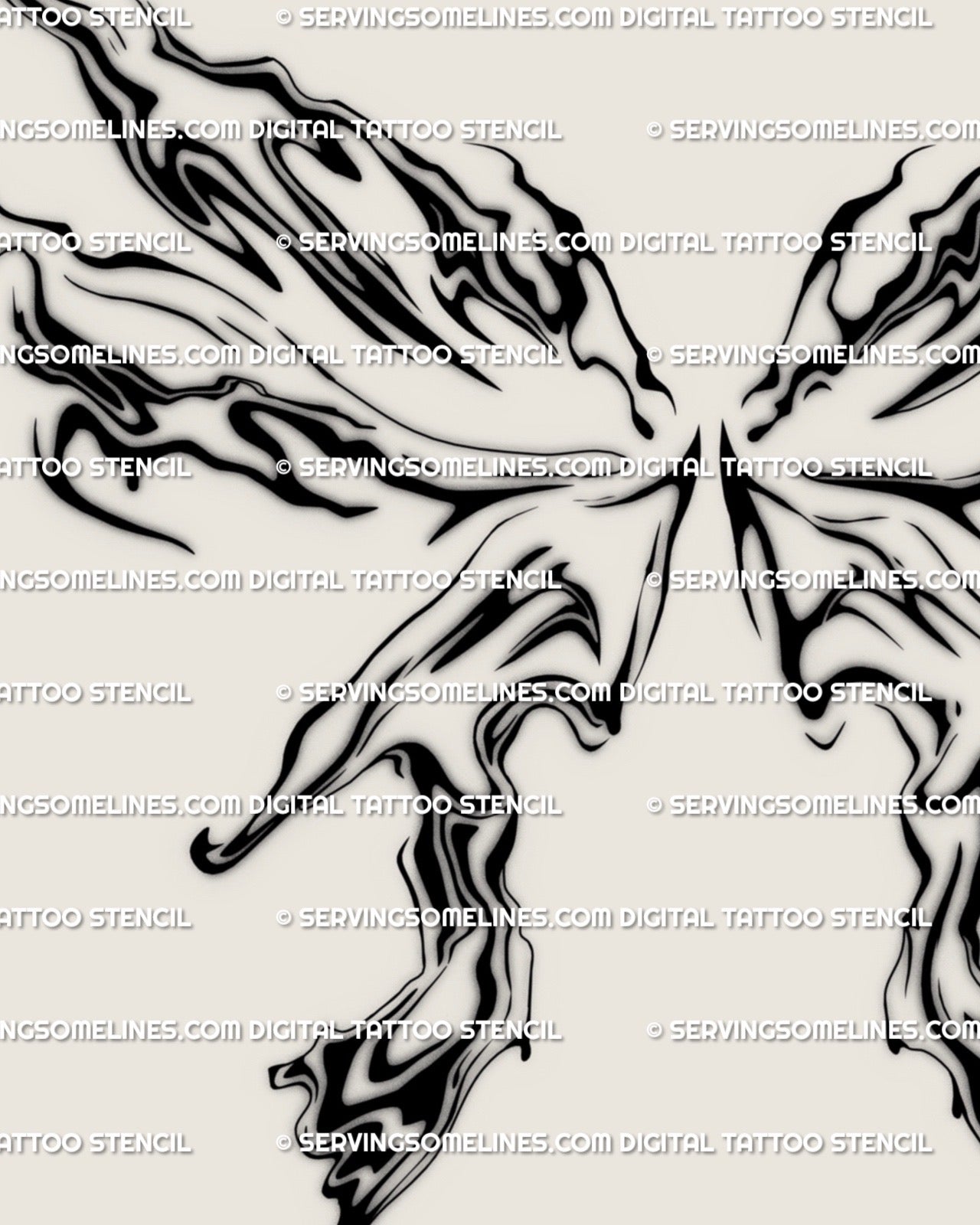 detailed abstract linework tattoo stencil featuring fluid marble wings and flowing symmetrical shapes in cybercore style 