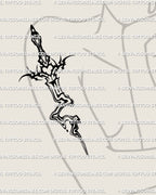 Liquid inspired sword tattoo shown on a woman’s arm with clean neotribal linework and a flowing lower blade for a clear stencil look