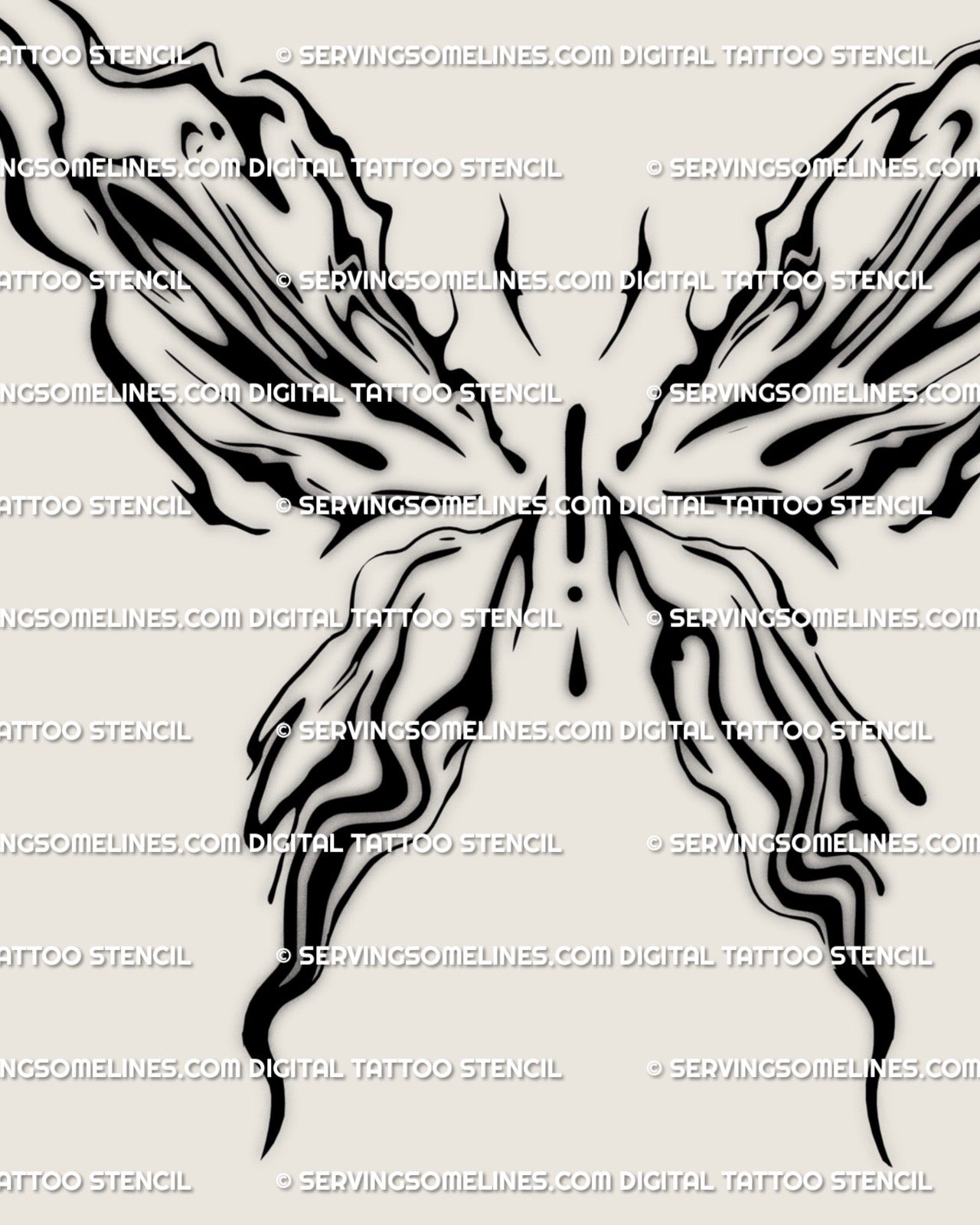 Abstract liquid butterfly tattoo stencil digital design, flowing marble pattern lines forming wings and organic symmetrical shape. 