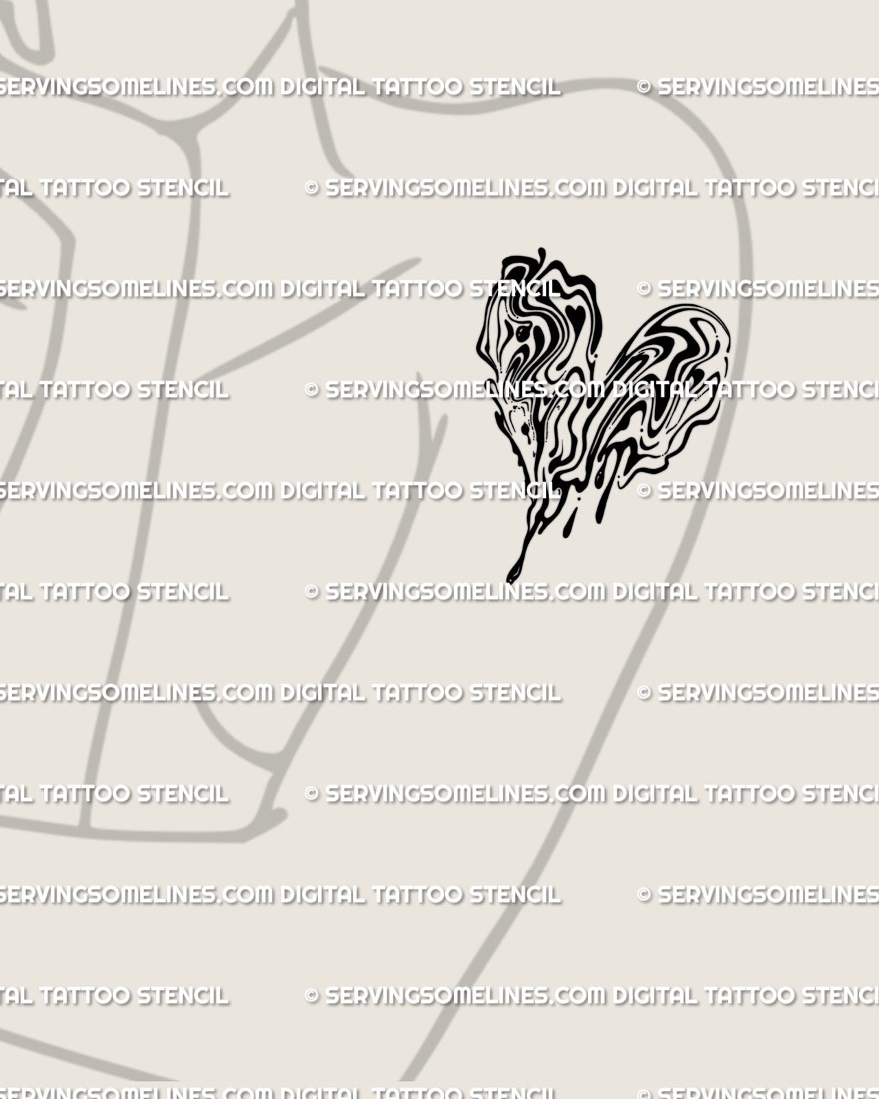 Abstract liquid marble heart tattoo shown on woman’s upper arm placement, dripping fluid lines forming a melting heart aesthetic design.