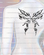 symmetrical fluid tattoo stencil across upper back center showing abstract marble wings and flame line details 