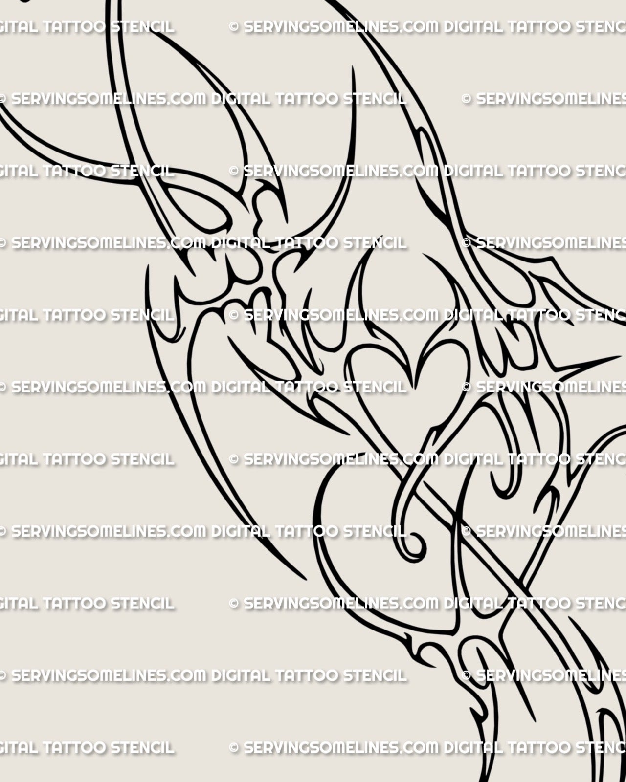 Close-up view of the cyber tribal heart tattoo stencil showing fine ornamental lines and abstract neotribal detailing.