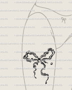 liquid marble ribbon tattoo stencil on woman’s front thigh, coquette bow abstract design with wavy lines and flowing marble motion 