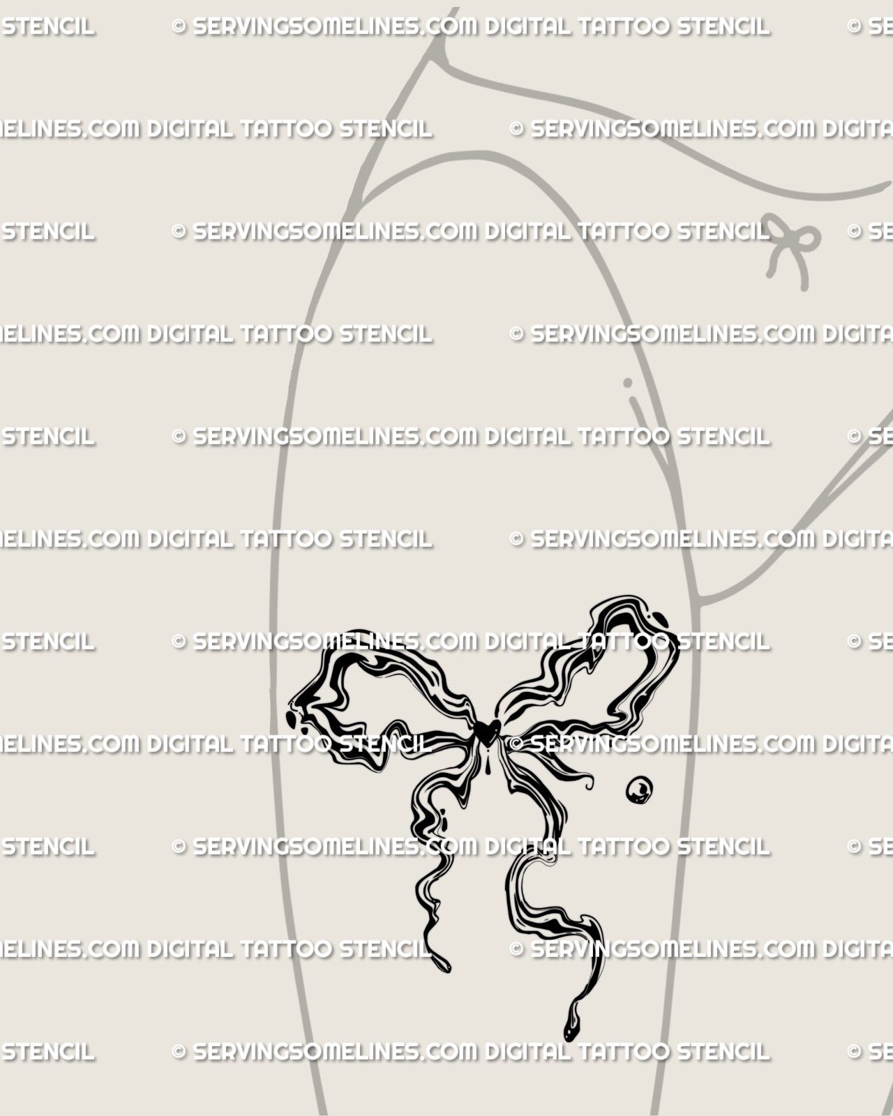 liquid marble ribbon tattoo stencil on woman’s front thigh, coquette bow abstract design with wavy lines and flowing marble motion 