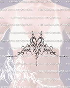 woman wearing an abstract ornamental sternum tattoo stencil shaped to follow the chest line with soft heart inspired curves and fine decorative flow