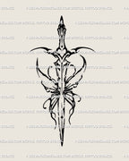 Abstract sword tattoo stencil with ink splash accents, full design preview on white background. 
