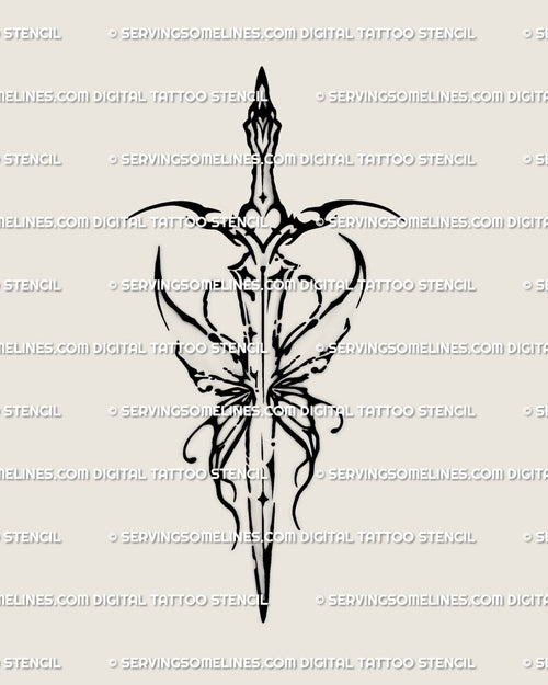 Abstract sword tattoo stencil with ink splash accents, full design preview on white background. 