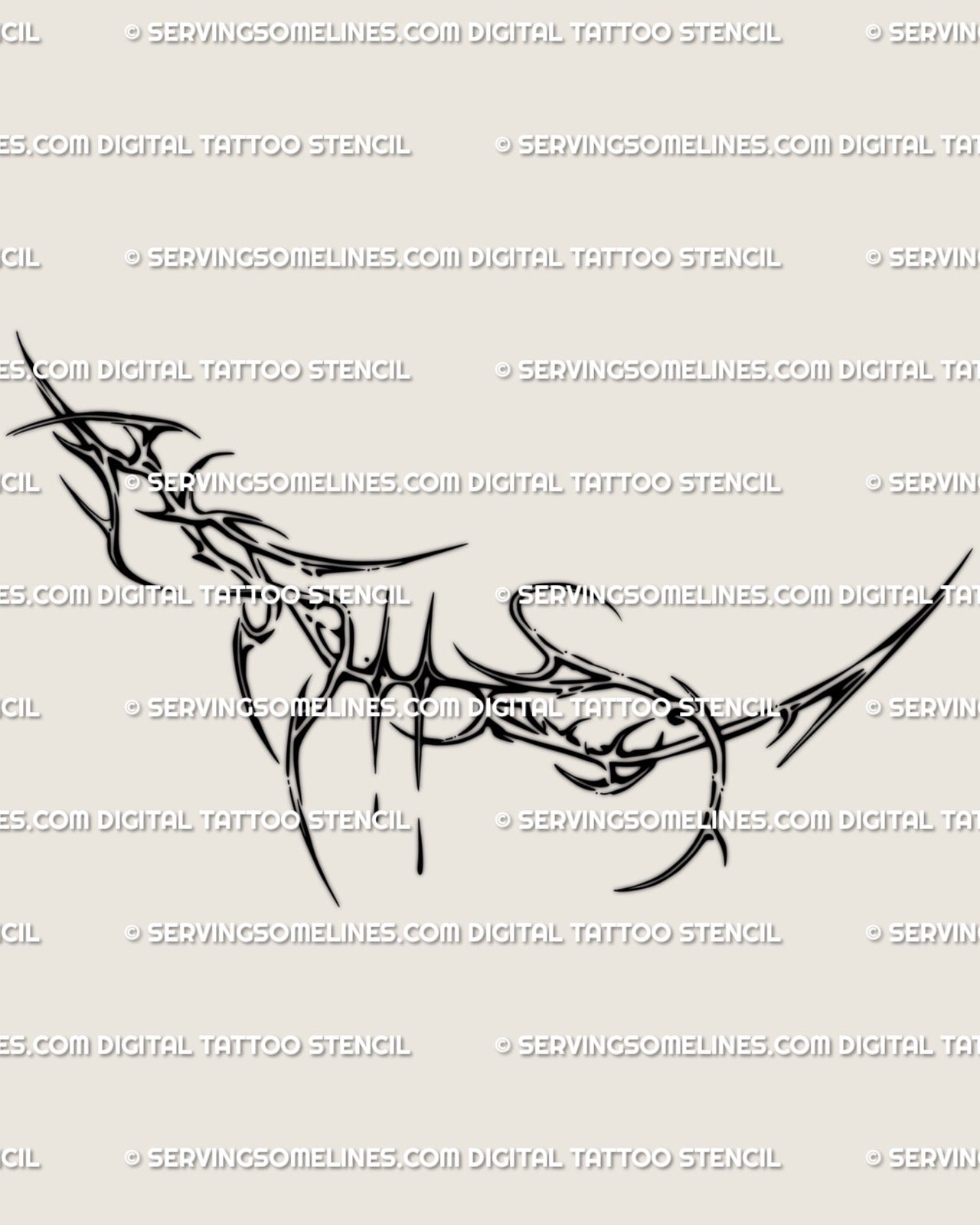 Abstract thorn cybersigilism tattoo stencil, dark spiky rib design with sharp symmetry and body-flow curves for rib or side breast area.