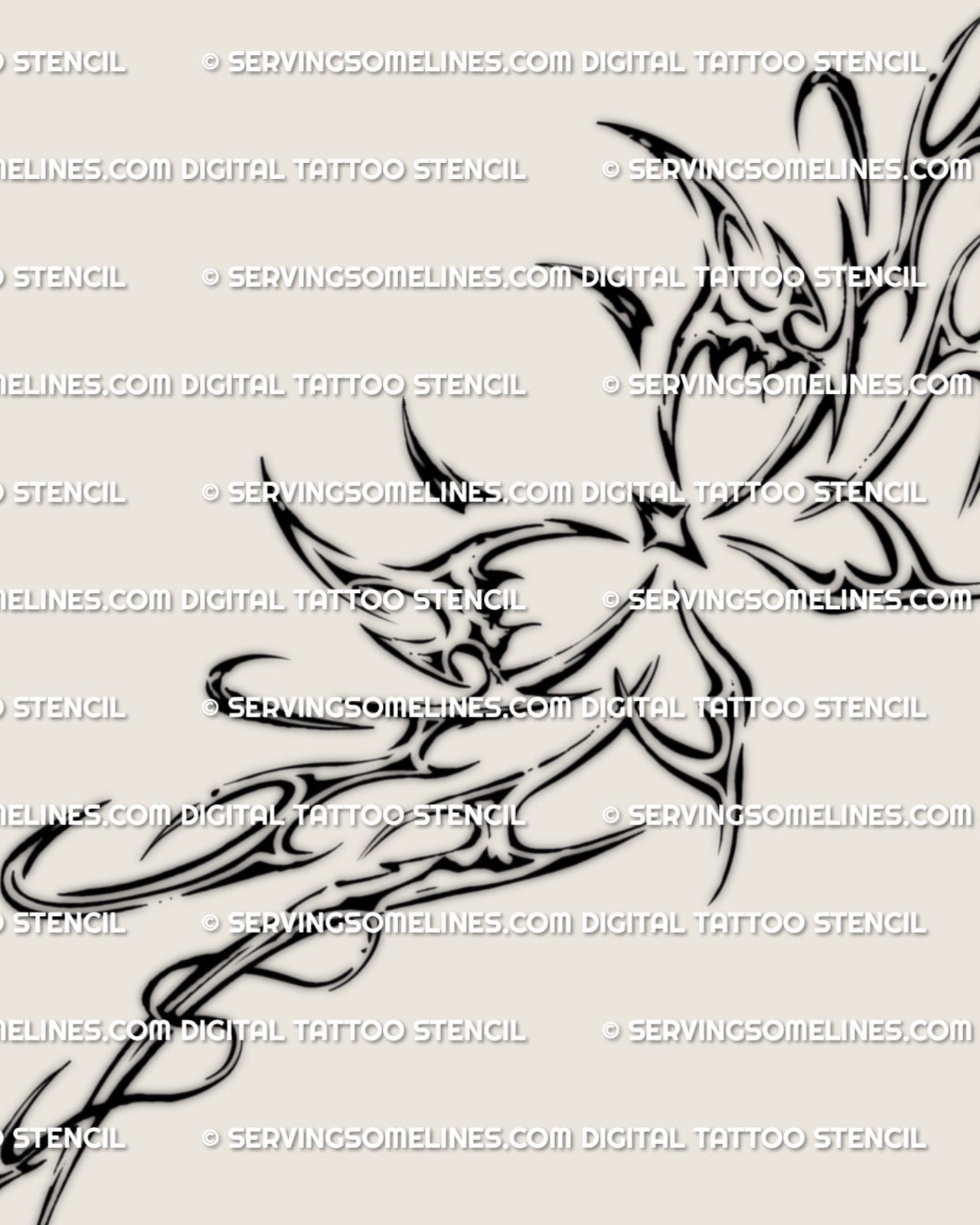 Abstract tribal butterfly tattoo stencil with sharp wings and chrome like accents, detailed ornamental linework for modern lower back designs.
