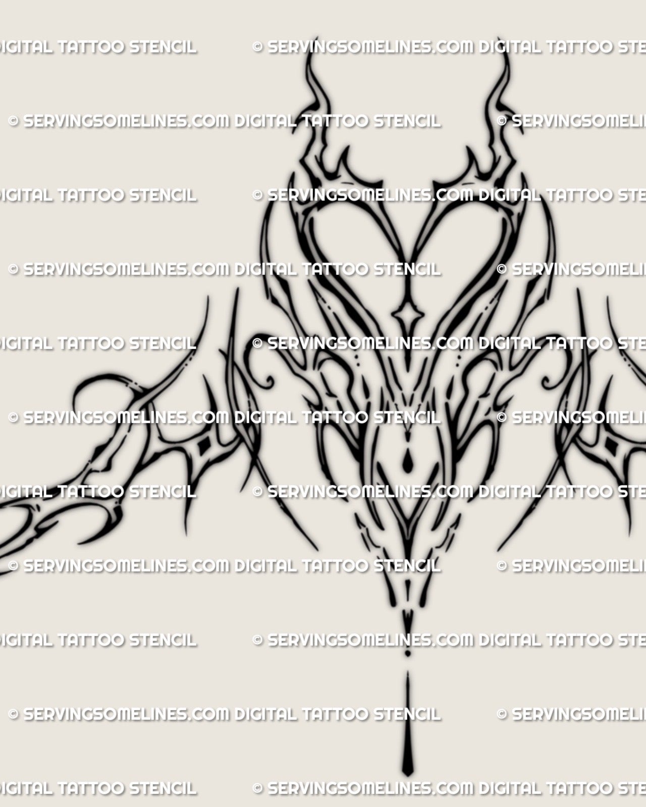 Abstract ornamental under-breast tattoo design displayed as clean digital stencil, heart-shaped center with graceful flowing linework.