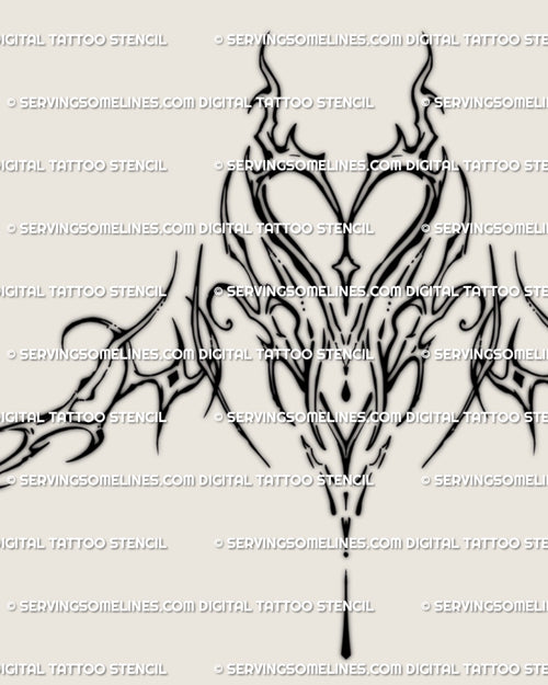 Abstract ornamental under-breast tattoo design displayed as clean digital stencil, heart-shaped center with graceful flowing linework.