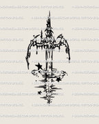 Abstract sword flowing through water shown as a clean digital stencil with soft curves and a subtle cybersigilism influence in the blade shape