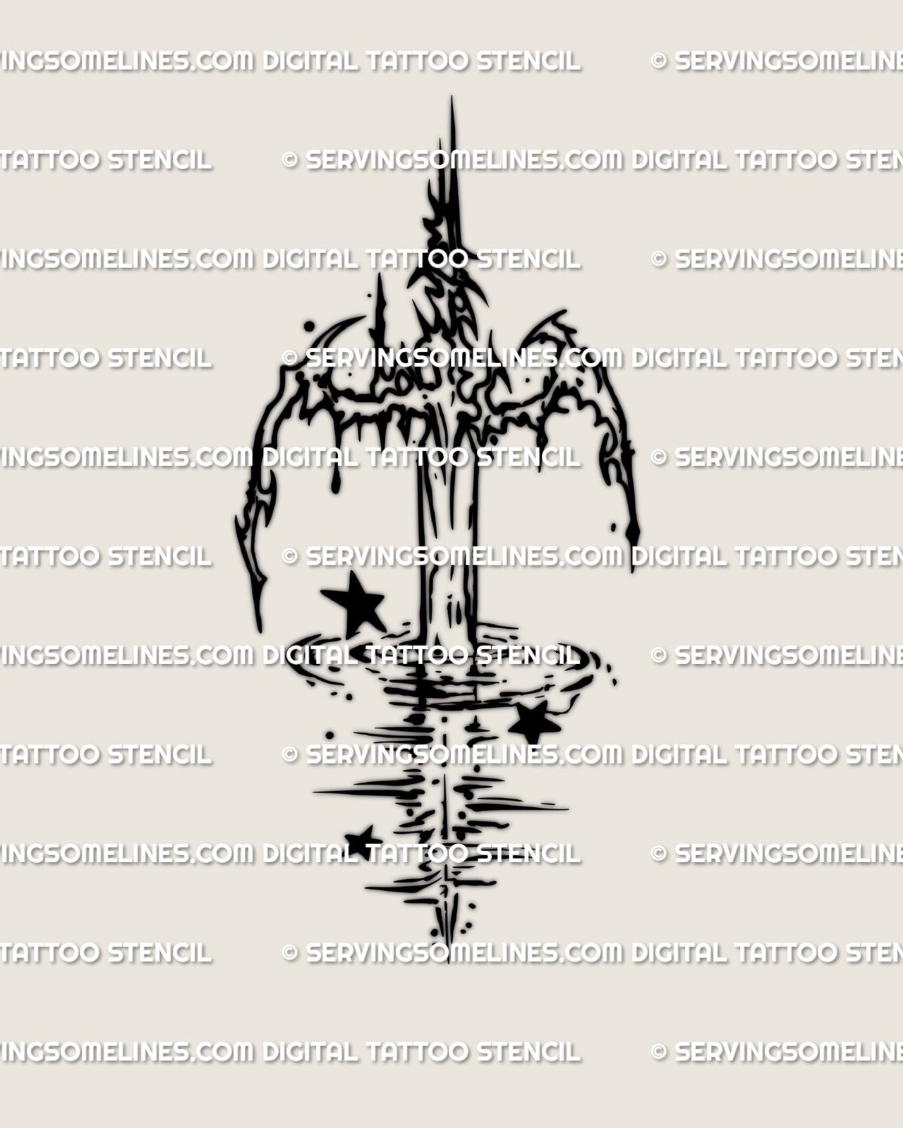 Abstract sword flowing through water shown as a clean digital stencil with soft curves and a subtle cybersigilism influence in the blade shape