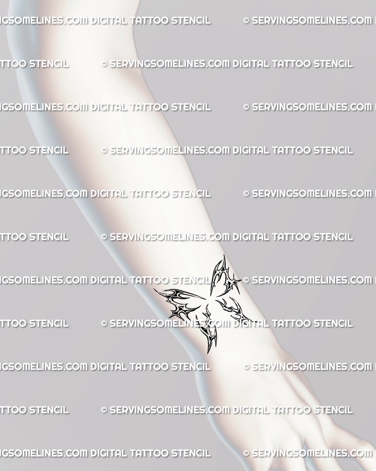 Abstract wing tattoo stencil shown on wrist placement preview, compact dark wing design with digital download files.