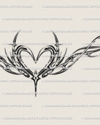 Close detail of the abstract winged heart chest tattoo stencil showing the fine line heart center and stylized outer framing.