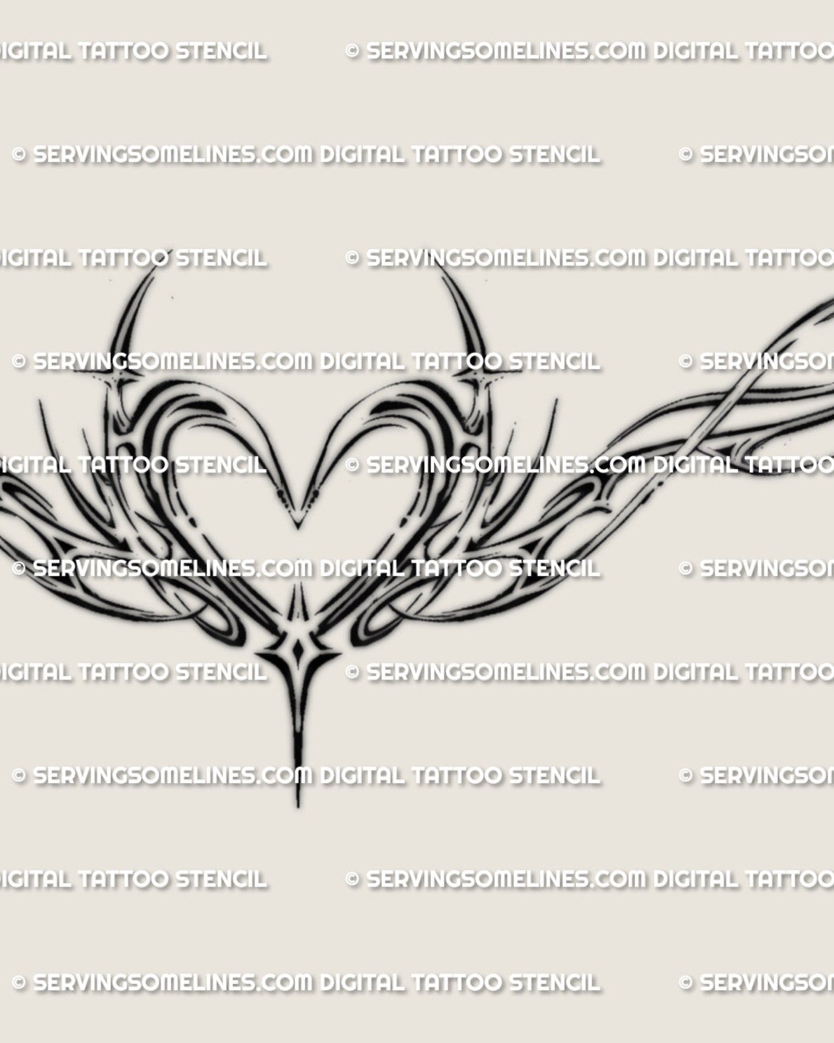 Close detail of the abstract winged heart chest tattoo stencil showing the fine line heart center and stylized outer framing.