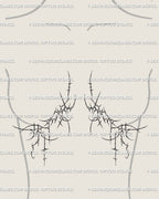 Abstract cybersigil underbreast tattoo with mirrored lines and hidden hearts, a gothic feminine sternum design with balance and edge.