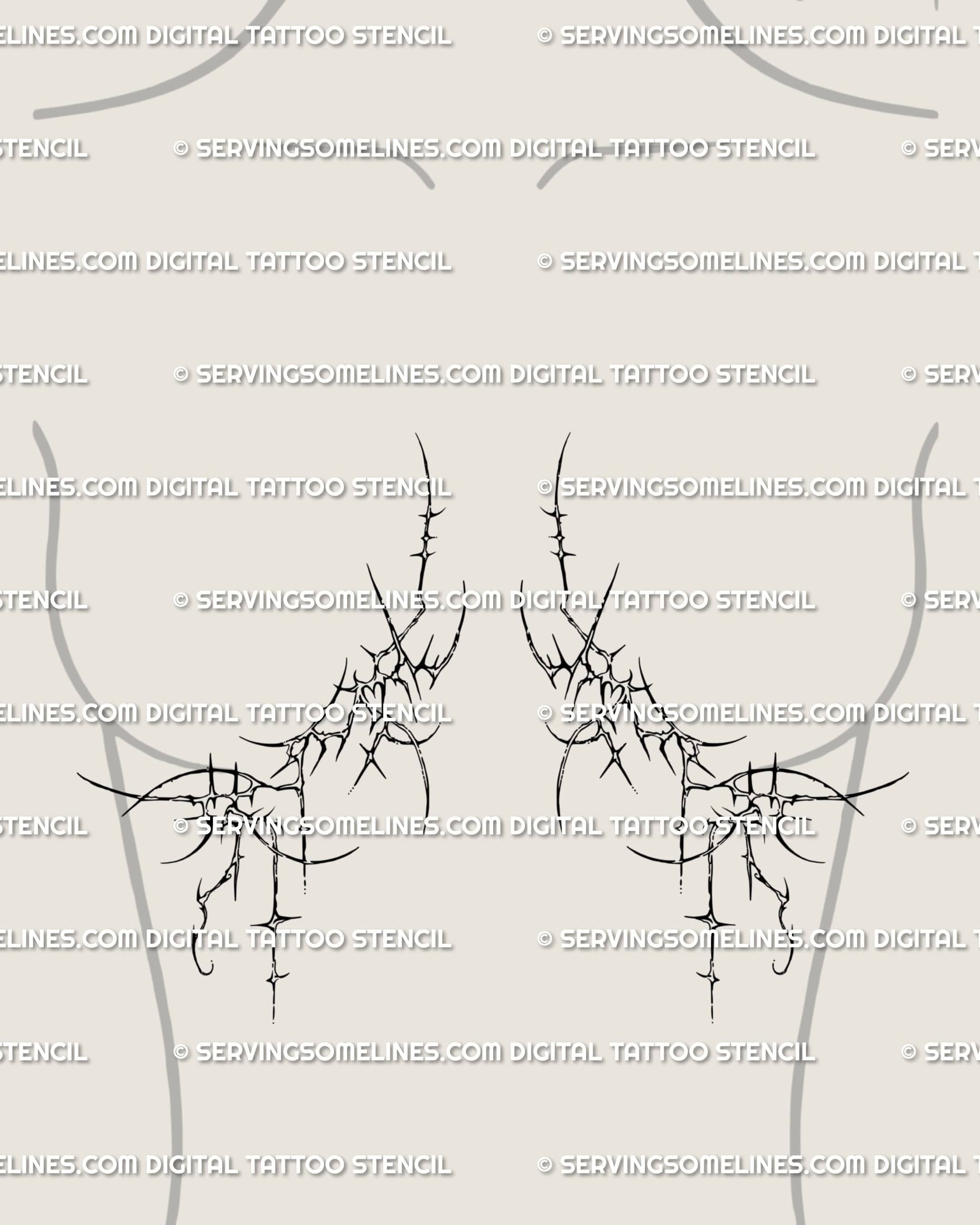 Abstract cybersigil underbreast tattoo with mirrored lines and hidden hearts, a gothic feminine sternum design with balance and edge.