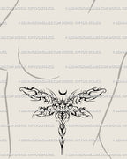 Gothic dragonfly tattoo stencil styled as a side rib placement under the breast, abstract ornamental design blending dark fairy and cybersigilism energy.
