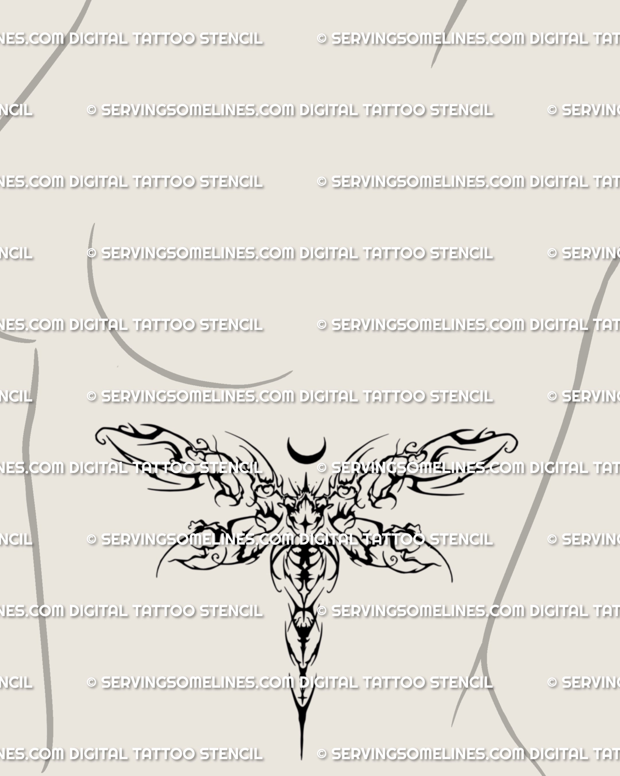 Gothic dragonfly tattoo stencil styled as a side rib placement under the breast, abstract ornamental design blending dark fairy and cybersigilism energy.