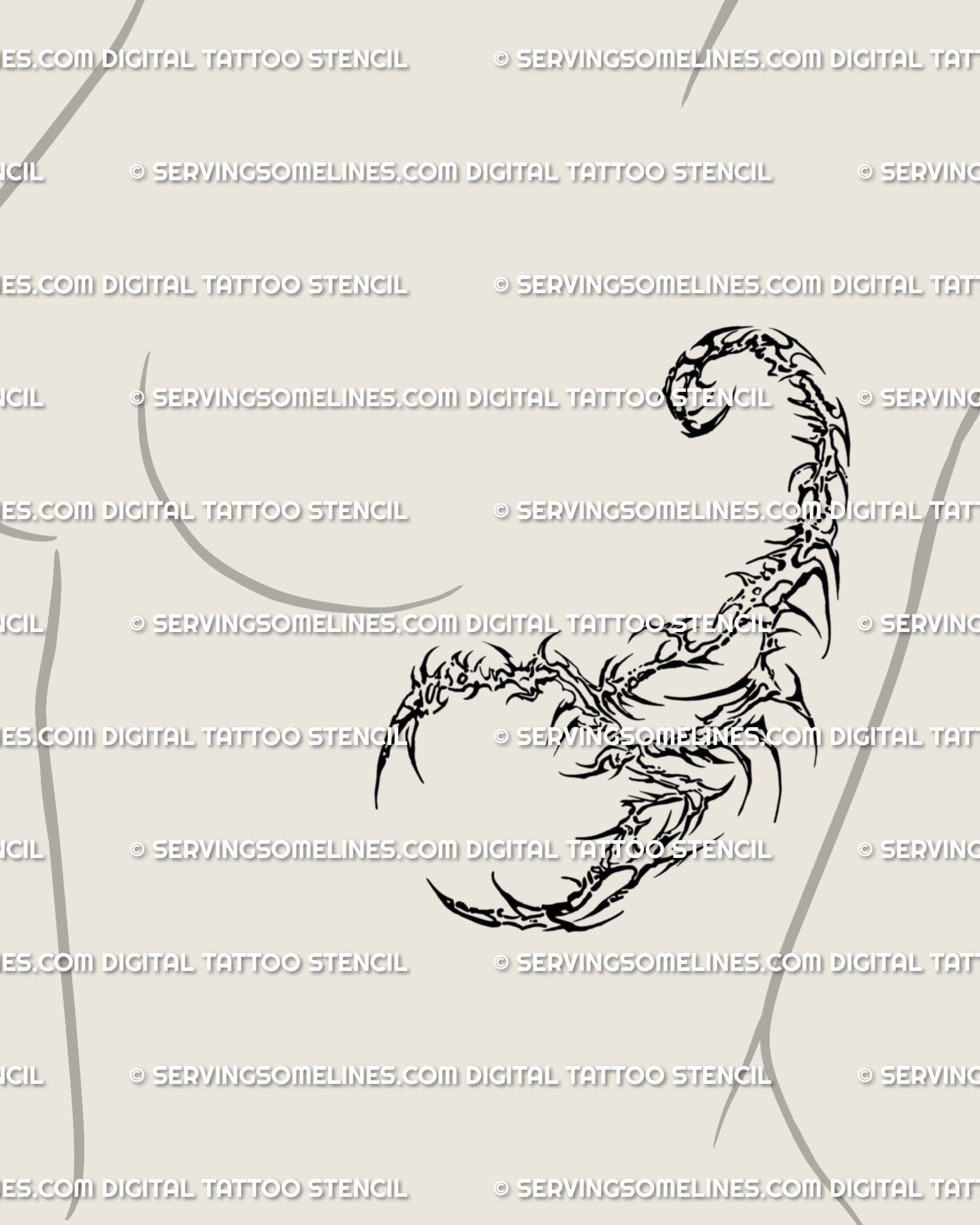 Abstract scorpion tattoo design along female side ribs under the breast, neo tribal cybersigil art flowing with protective intensity and edge.