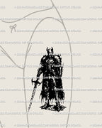 Aggrogoth blackwork tattoo stencil placed on front thigh, showing detailed armor lines and sigil shapes. 