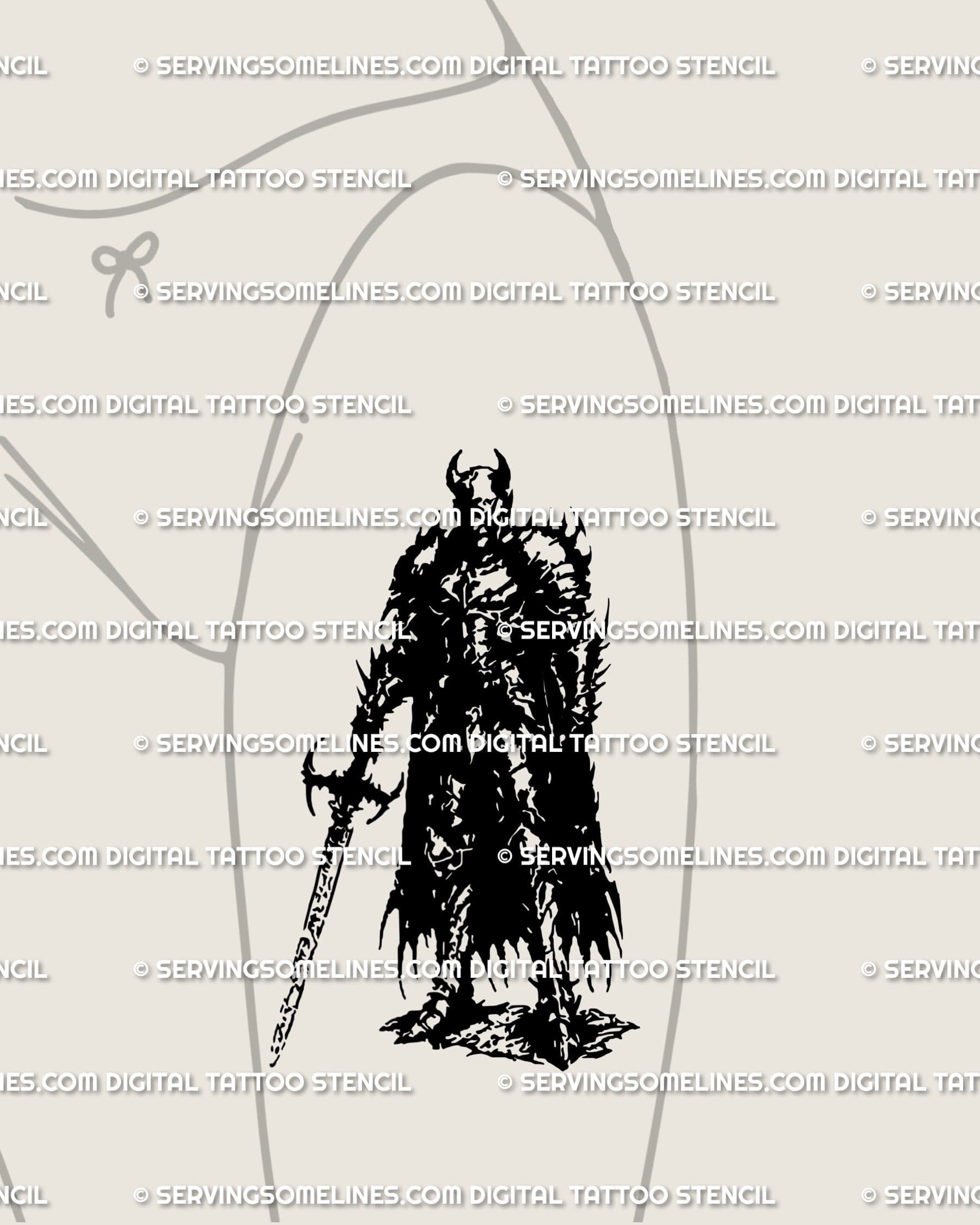 Aggrogoth blackwork tattoo stencil placed on front thigh, showing detailed armor lines and sigil shapes. 