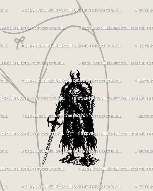 Aggrogoth blackwork tattoo stencil placed on front thigh, showing detailed armor lines and sigil shapes. 