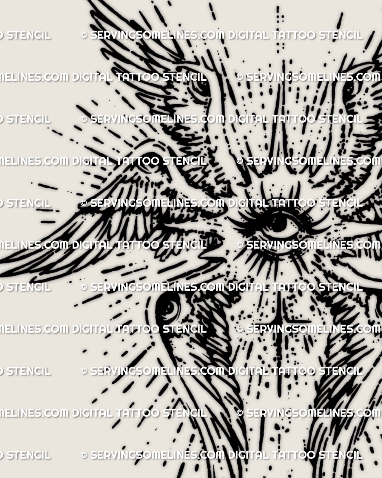 Close up detail of an all seeing eye tattoo stencil from a biblical seraphim angel design, highlighting bold blackwork line structure and printable stencil quality
