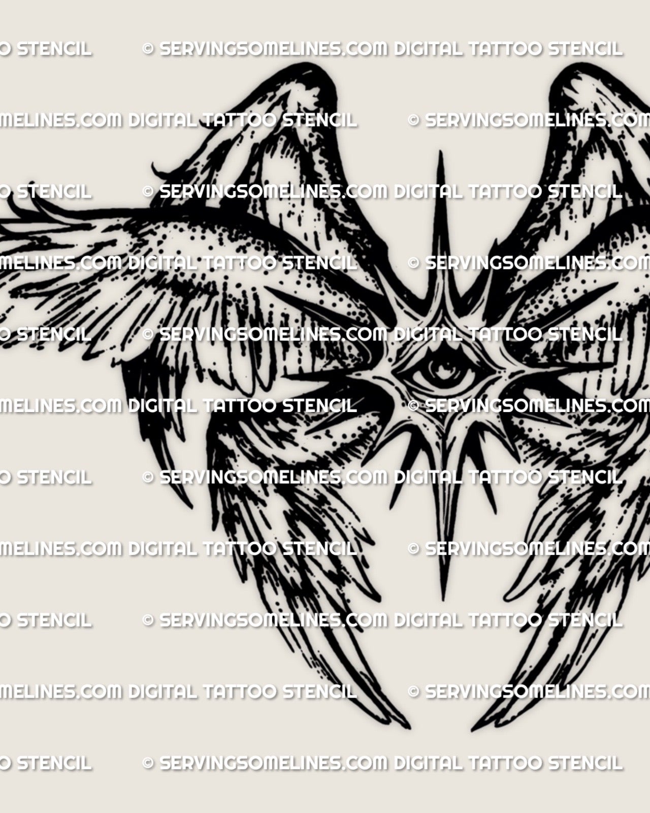 All seeing eye tattoo stencil detail from a biblical seraphim angel design, high resolution printable tattoo stencil