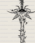 All-seeing crying eye sword tattoo stencil with cyber tribal thorns and angel wings, celestial guardian digital tattoo design.