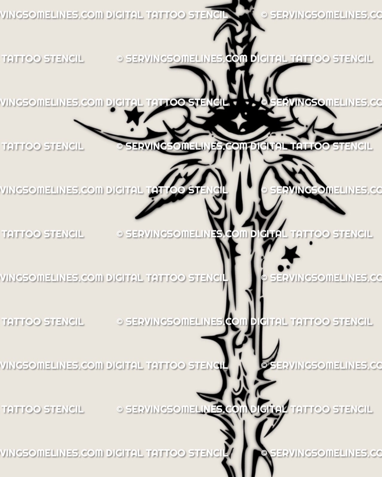 All-seeing crying eye sword tattoo stencil with cyber tribal thorns and angel wings, celestial guardian digital tattoo design.