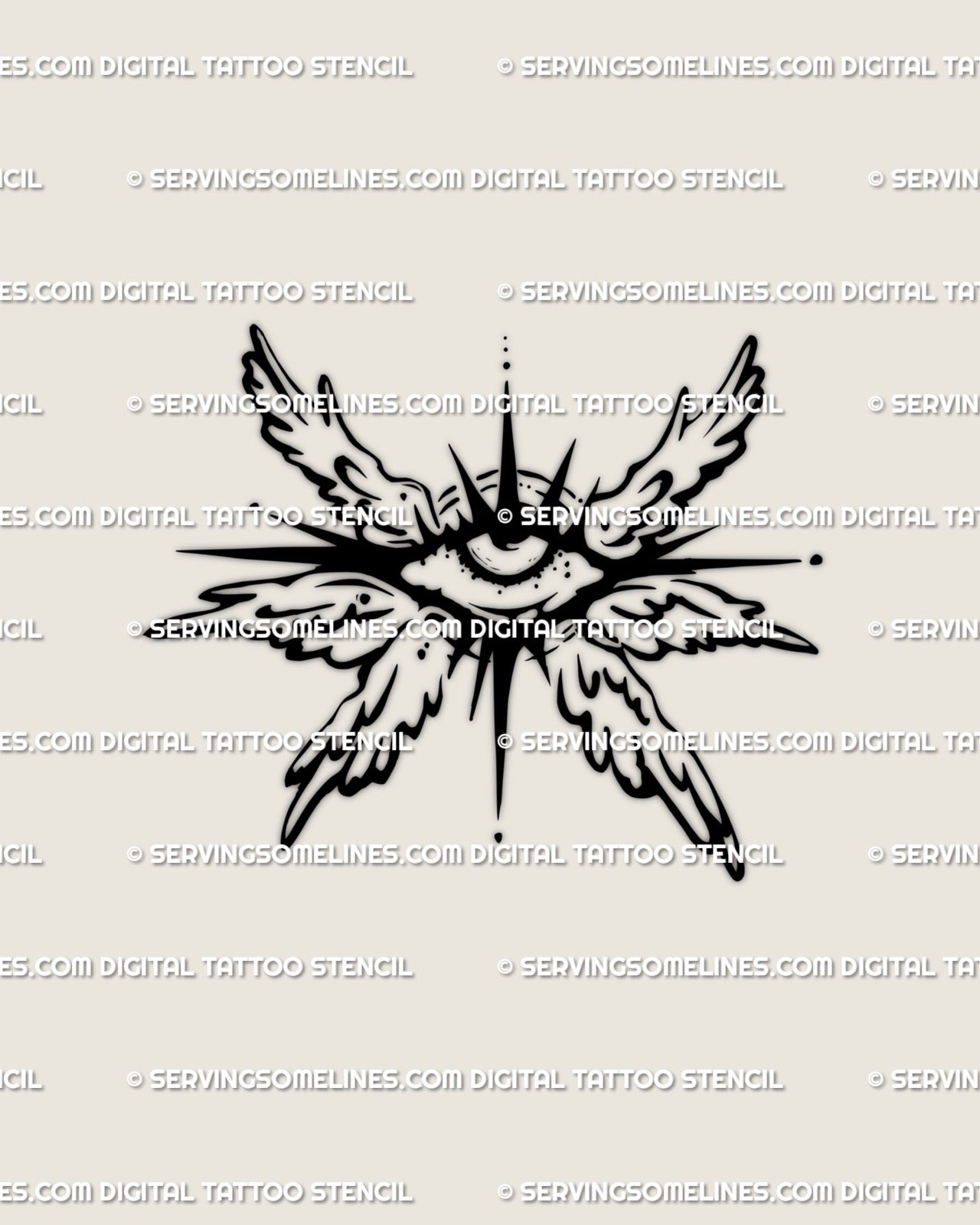 Minimalist all-seeing eye tattoo stencil featuring six detailed angel wings, digital download preview displayed as clean flash design.