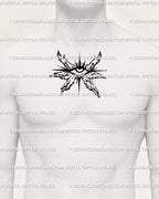 Winged seraphim eye tattoo stencil displayed centered on male chest, symmetrical angel wings forming a protective sacred shape. 