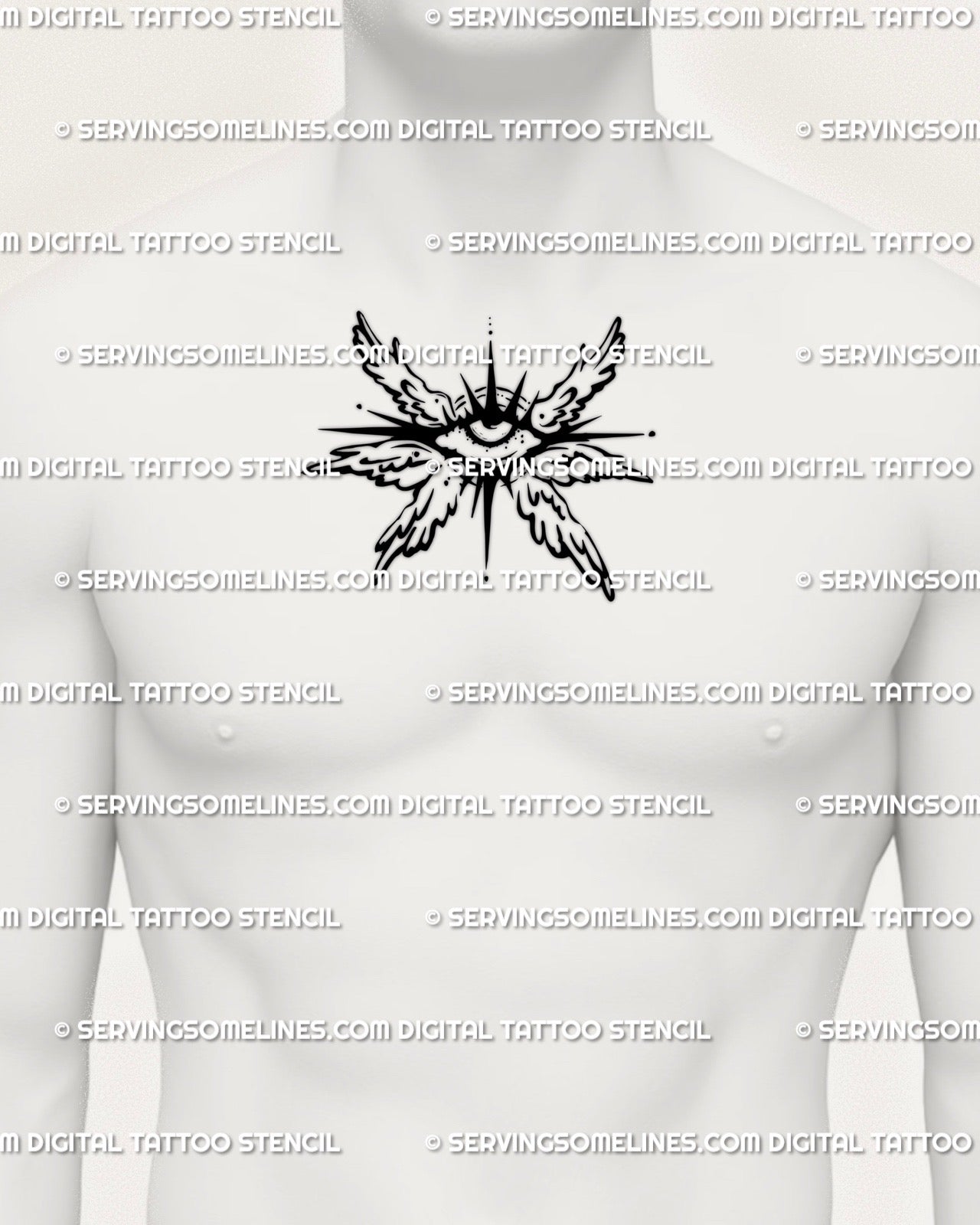 Winged seraphim eye tattoo stencil displayed centered on male chest, symmetrical angel wings forming a protective sacred shape. 