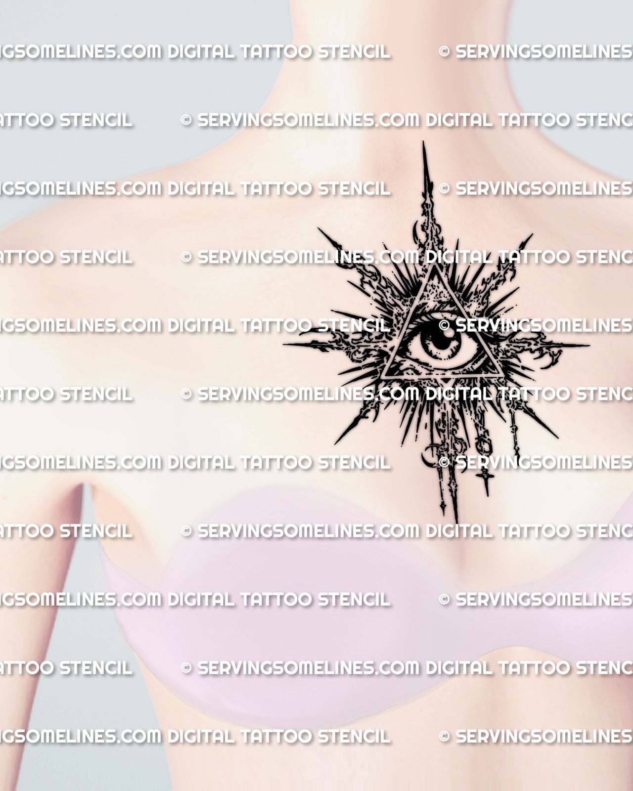 All seeing eye tattoo stencil shown on womens chest center placement example, symbolic triangle eye design with download files.