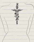 Alt tattoo stencil, emo dagger collage style shown on back center placement example, clean vertical silhouette.