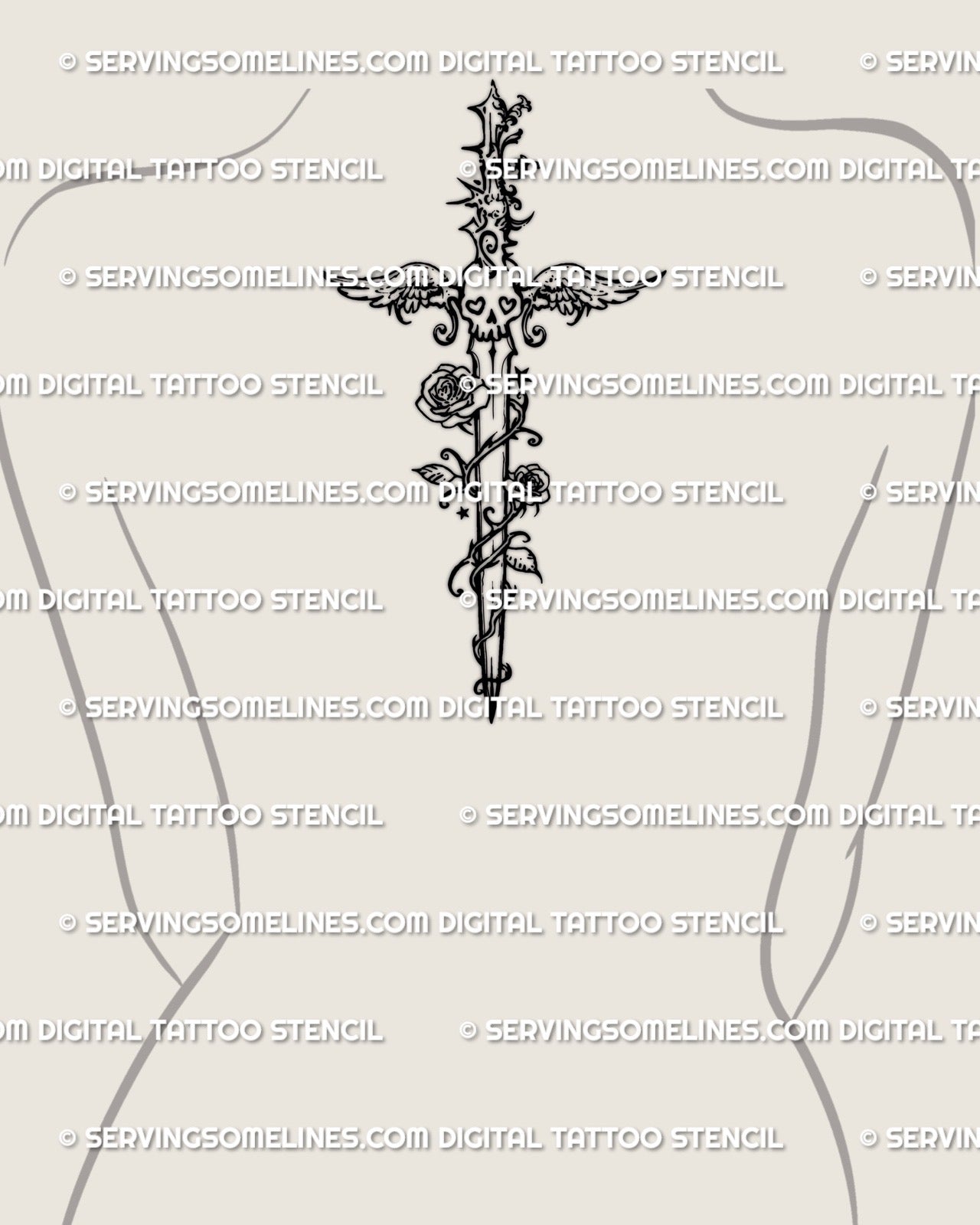 Alt tattoo stencil, emo dagger collage style shown on back center placement example, clean vertical silhouette.