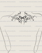Alt girl tattoo flash design of a gothic coquette bow styled for the upper back or nape. Decorative bow lines give attitude while staying subtle in scale.