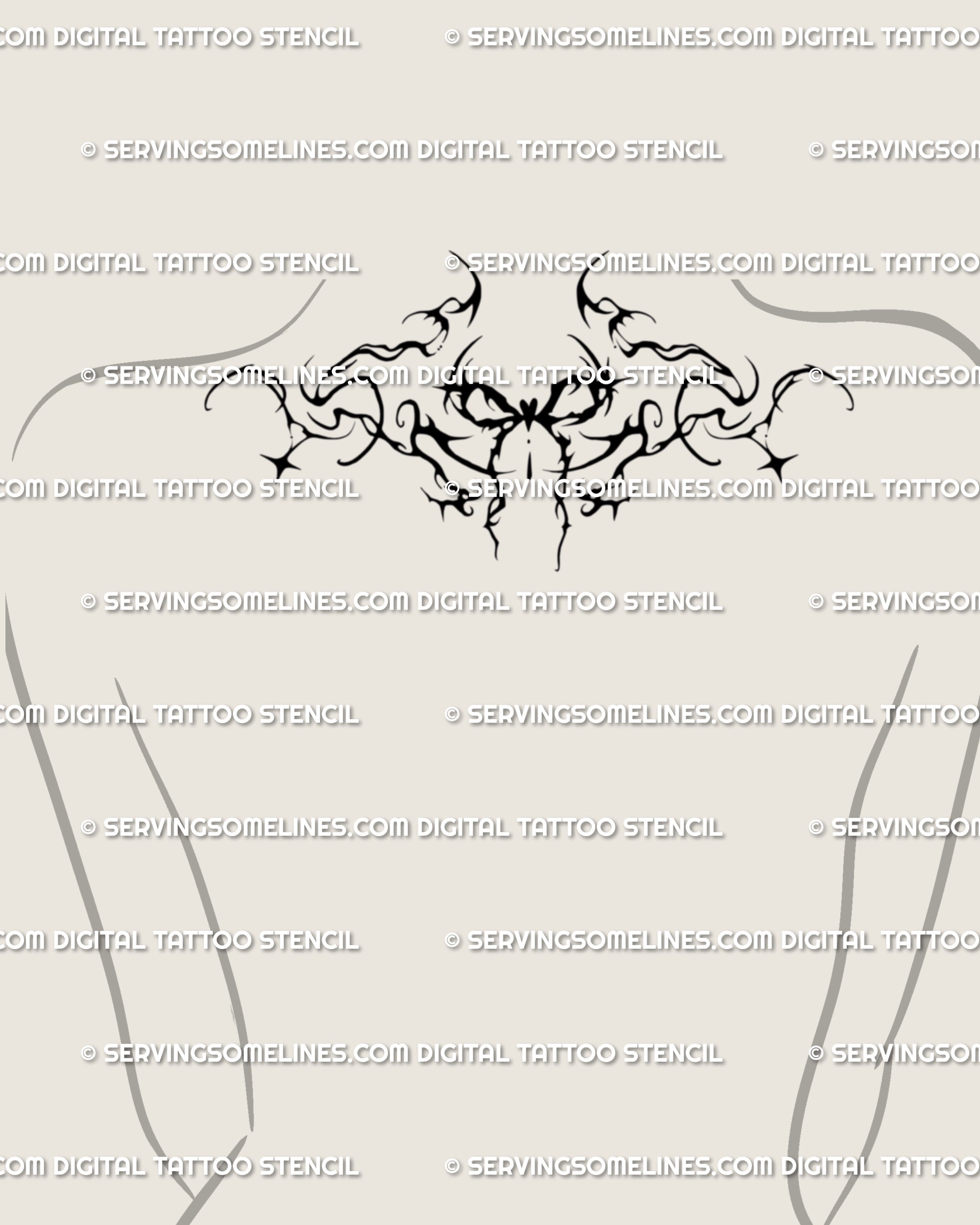 Alt girl tattoo flash design of a gothic coquette bow styled for the upper back or nape. Decorative bow lines give attitude while staying subtle in scale.