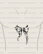 Sternum placement for a delicate yet armored look — an alt girl tattoo bow stencil with coquette vibe and neo-tribal tails, mapped to the midline for balance and quick, accurate transfer.