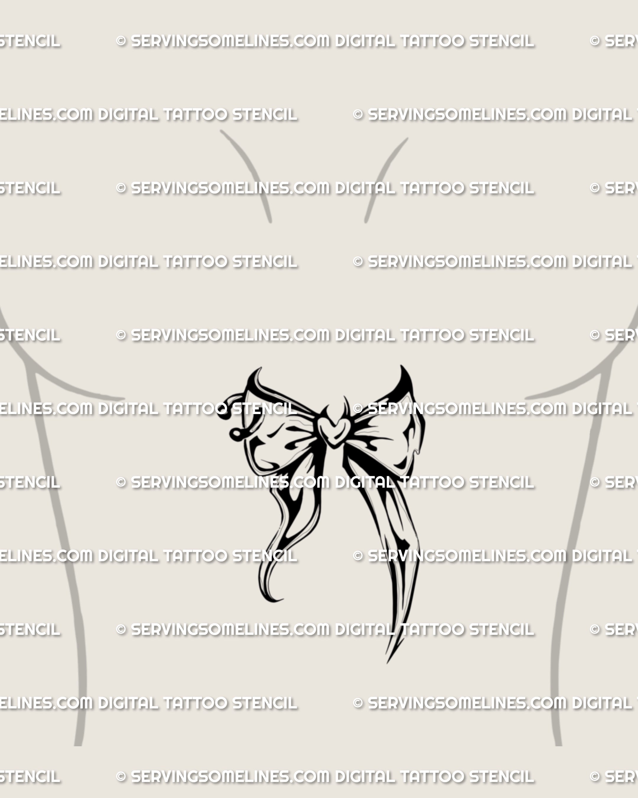 Sternum placement for a delicate yet armored look — an alt girl tattoo bow stencil with coquette vibe and neo-tribal tails, mapped to the midline for balance and quick, accurate transfer.