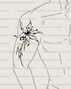 Alternative lily tattoo stencil displayed on mens upper arm placement example, dark floral design ready for stencil use.